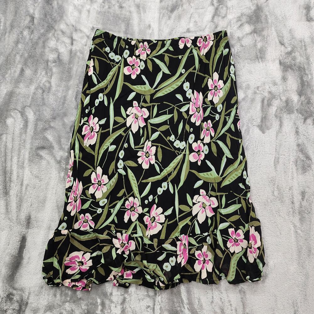 Vintage JM Collection Skirt Women 4P PETITE Black Pink Floral Ruffle Hem Pull On